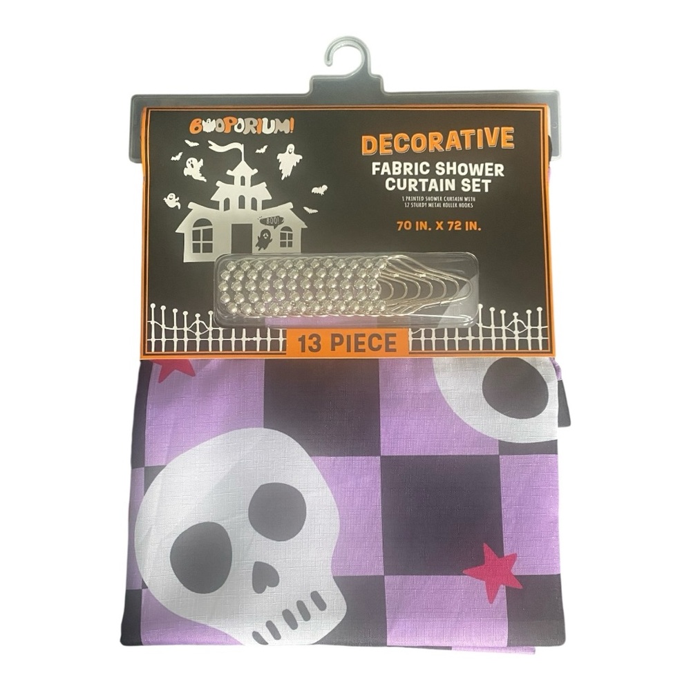 Booporium Decorative Fabric Skulls and Stars Shower Curtain with Hooks 13 pc Set